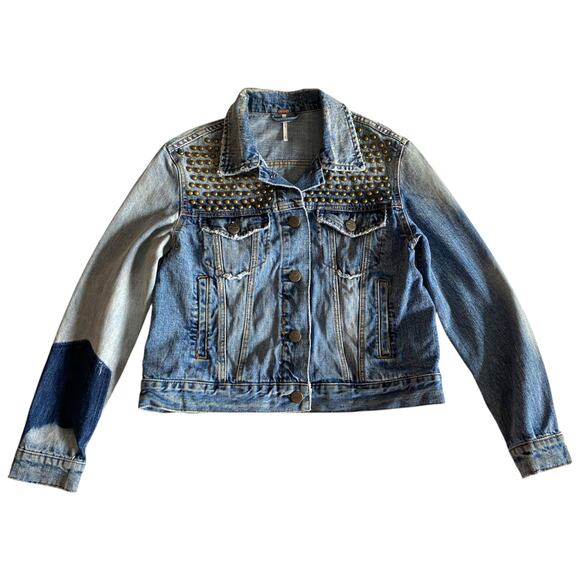Free People : Brass-tone Studded Patchwork Distressed Boho Denim Jacket : XS - Picture 2 of 16